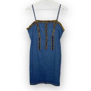 90s Y2K Vintage Aqua Blues Stretch Denim Jean Strappy Mini Dress Women’s Large